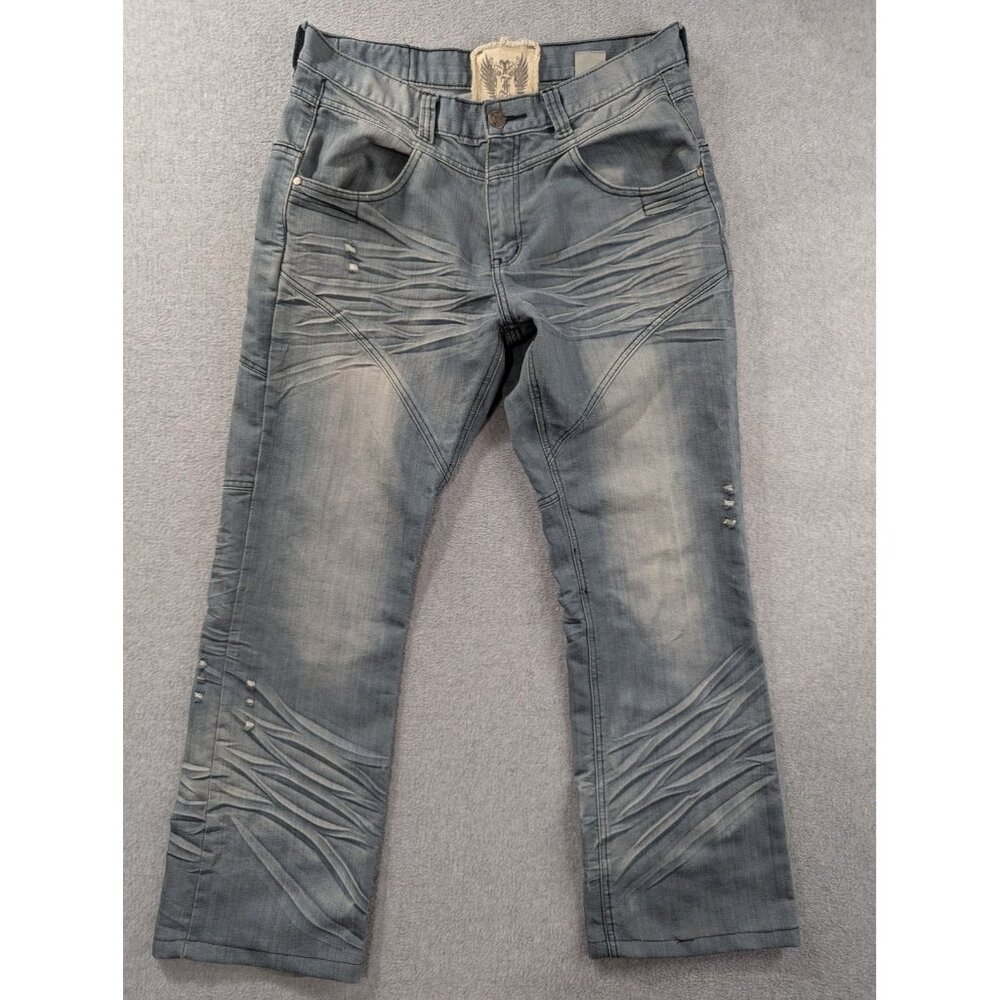 Focus Jeans Mens 34x30 Blue Distressed Straight Leg Moto Biker Denim Pants Urban